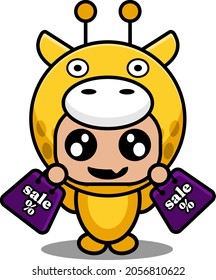 vector cartoon character mascot costume cute animal giraffe holding selling bag