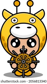 vector cartoon character mascot costume cute animal giraffe holding the steering wheel of a ship