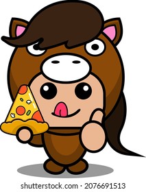 personaje de caricatura vectorial disfraz mascota animal lindo caballo comiendo pizza