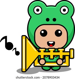 Vector cartoon character Mascot Costume cute frog amphibious animal holding musical instrument trumpet