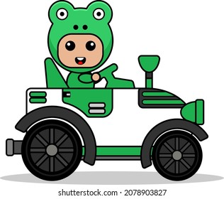 Vector cartoon character Mascot Costume cute frog amphibious animal riding tractor