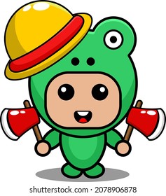 Vector cartoon character Mascot Costume amphibious animal cute frog holding two axes