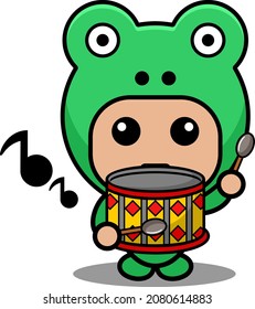 Vector cartoon character Mascot Costume cute frog amphibious animal holding drum musical instrument