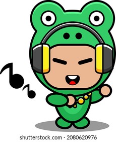 Vector cartoon character Mascot Costume amphibious animal cute frog listening to music