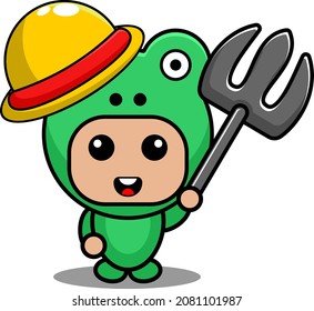 Vector cartoon character Mascot Costume amphibious animal cute frog holding fork farming tool