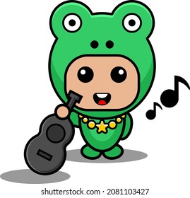 Vector cartoon character Mascot Costume amphibious animal cute frog holding guitar musical instrument