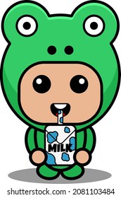 Vector cartoon character Mascot Costume amphibious animal cute frog drinking milk