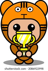 vector cartoon character mascot costume animal cute predatory tiger holding trophy
