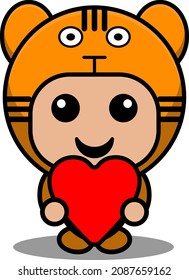 Vector Cartoon Character Mascot Costume Animal Cute Predatory Tiger Holding Love