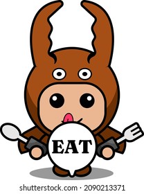 Vector Cartoon Character Mascot Costume Fighting Beetle Animal Holding Spoon And Fork