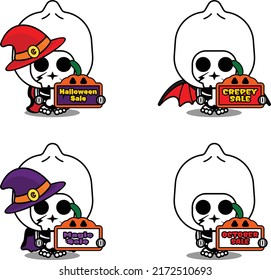 Vector cartoon character mascot costume bone dim sum food holding sale halloween board