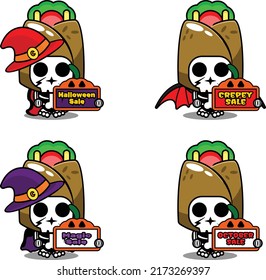Vector cartoon character mascot costume bone kebab food holding sale halloween board