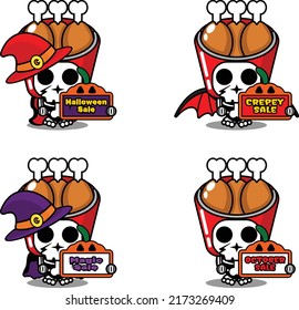 Vector cartoon character mascot costume bone fried chicken food holding sale halloween board