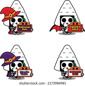 Vector cartoon character mascot costume bone onigiri food holding sale halloween board