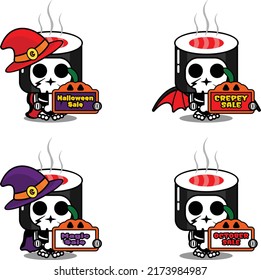 Vector cartoon character mascot costume bone sushi roll food holding sale halloween board