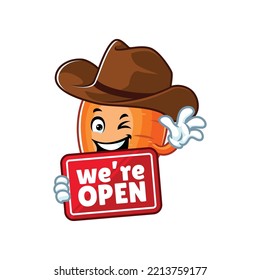 vector cartoon, character, and mascot of a cowboy carrot holding open signboard.