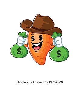 vector cartoon, character, and mascot of a cowboy carrot holding money sack.