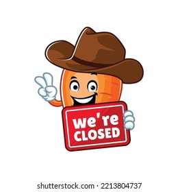 vector cartoon, character, and mascot of a cowboy carrot holding closed signboard.