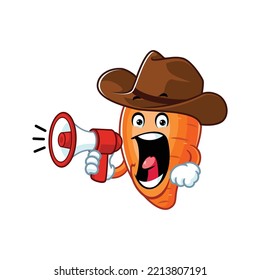 vector cartoon, character, and mascot of a cowboy carrot holding megaphone.