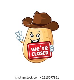 vector cartoon, character, and mascot of a cowboy potato holding closed signboard.