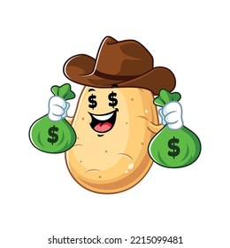 vector cartoon, character, and mascot of a cowboy potato holding money sack.