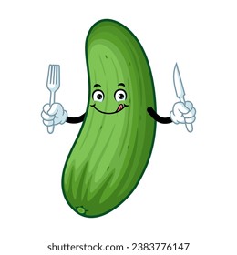 vector cartoon, character, and mascot of a cucumber holding fork and knife.