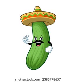 vector cartoon, character, and mascot of a cucumber wearing sombrero hat.