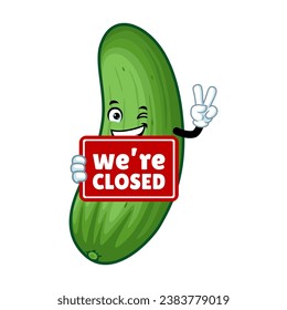 vector cartoon, character, and mascot of a cucumber holding closed signboard.