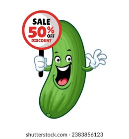 dibujos animados vectoriales, personajes y mascota de un pepino con cartón de descuento.