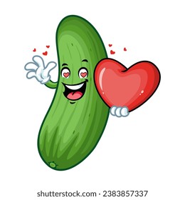 caricatura vectorial, personaje y mascota de un pepino que sostiene el corazón enamorado.