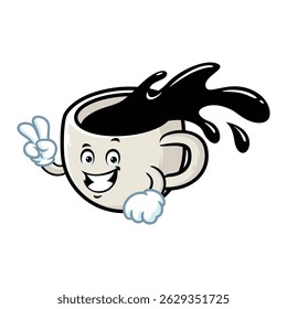 vector cartoon, character, and mascot of a cup of coffee with two finger.