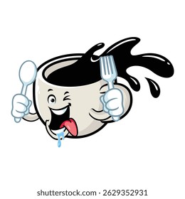 vector cartoon, character, and mascot of a cup of coffee holding spoon and fork.