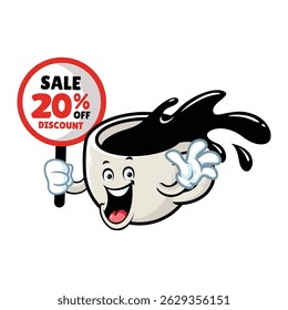 vector cartoon, character, and mascot of a cup of coffee holding discount signboard.