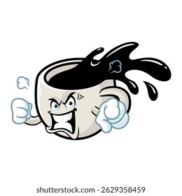 vector cartoon, character, and mascot of a cup of coffee with angry expression face.