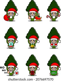 personaje de caricatura vectorial mascota lindo brócoli verde vestuario de verduras conjunto de navidad