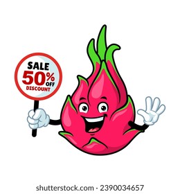 vector cartoon, character, and mascot of a dragon fruit holding discount signboard.