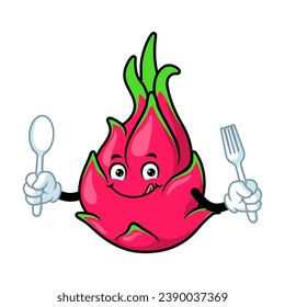 vector cartoon, character, and mascot of a dragon fruit holding spoon and fork.