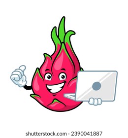 vector cartoon, character, and mascot of a dragon fruit holding laptop.