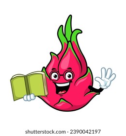 vector cartoon, character, and mascot of a dragon fruit holding book.