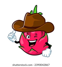 vector cartoon, character, and mascot of a dragon fruit wearing cowboy hat.