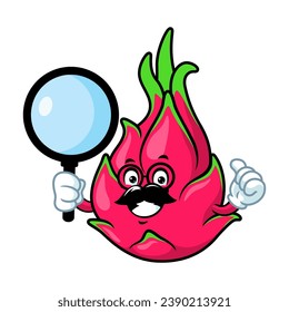 vector cartoon, character, and mascot of a dragon fruit holding loupe.