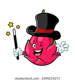vector cartoon, character, and mascot of a dragon fruit wearing magician costume.