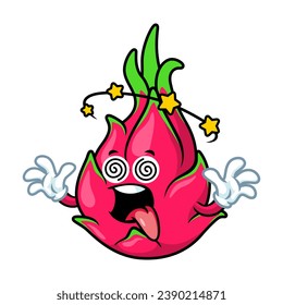 vector cartoon, character, and mascot of a dragon fruit with dizzying expression face.