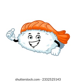 vector cartoon, character, and mascot of an ebi nigiri sushi with thumbs up hand.