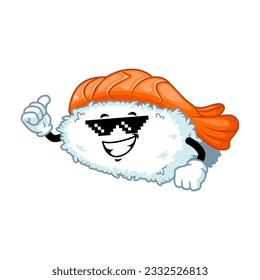 vector cartoon, character, and mascot of an ebi nigiri sushi with thug life style.