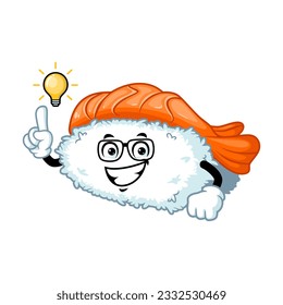 vector cartoon, character, and mascot of an ebi nigiri sushi get an idea.