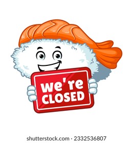 vector cartoon, character, and mascot of an ebi nigiri sushi holding closed signboard.