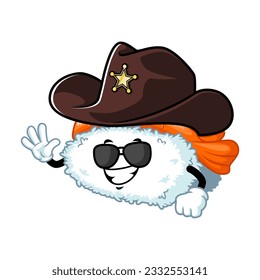 caricatura vectorial, personaje y mascota de un sushi de ebi nigiri con sombrero sheriff.