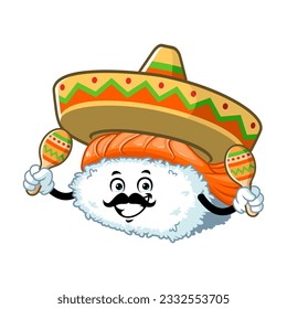 vector cartoon, character, and mascot of an ebi nigiri sushi holding maracas.