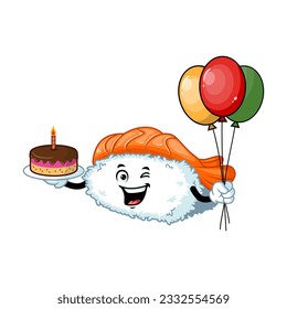 vector cartoon, character, and mascot of an ebi nigiri sushi birthday party.